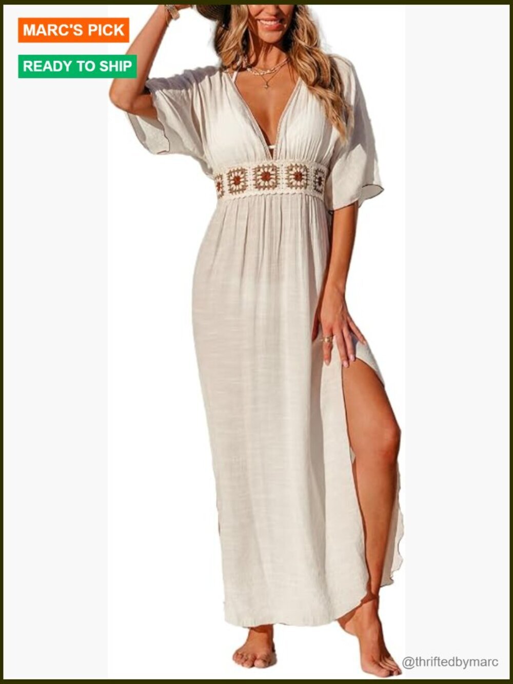 Half Sleeve Maxi Beach Coverup Dress Deep V Neck
